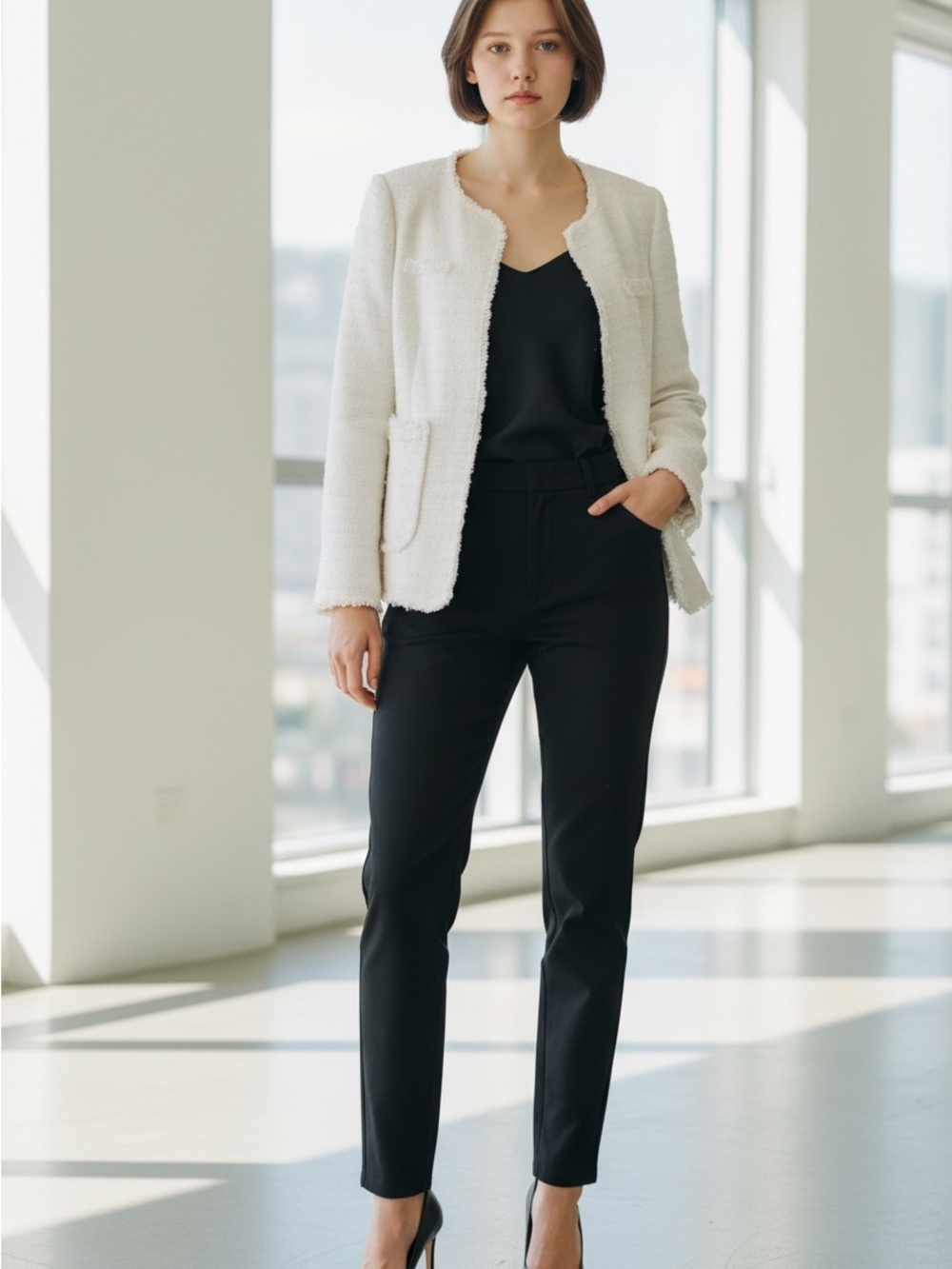 Rebecca Taylor White Tweed Open-Front Blazer